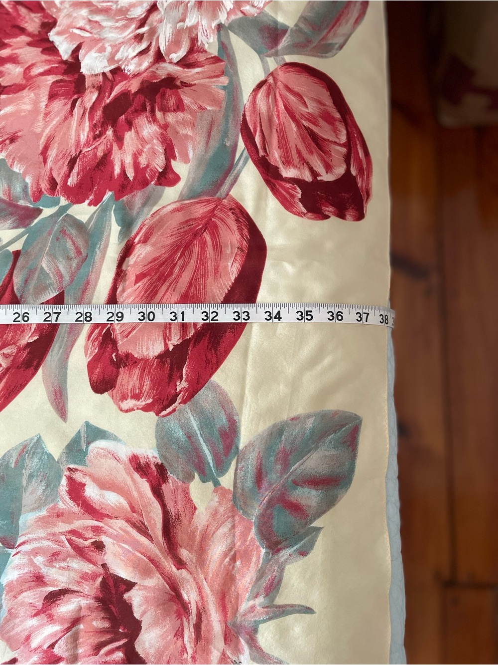 100% Silk Square Scarf Floral Peony & Tulip Red & Pink on Cream Background - Picture 5 of 6